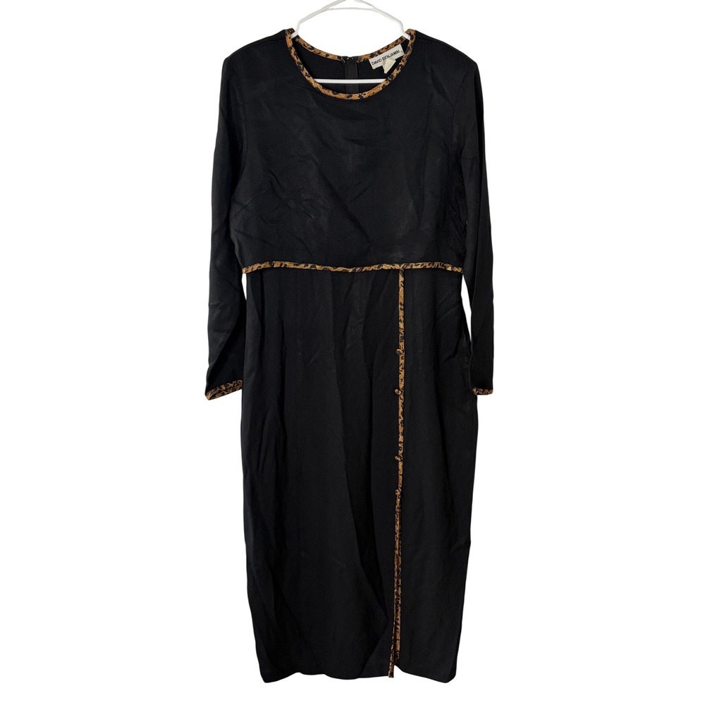 David Benjamin Vintage Black Midi Dress Leopard Print Trim Long Sleeve Size 12